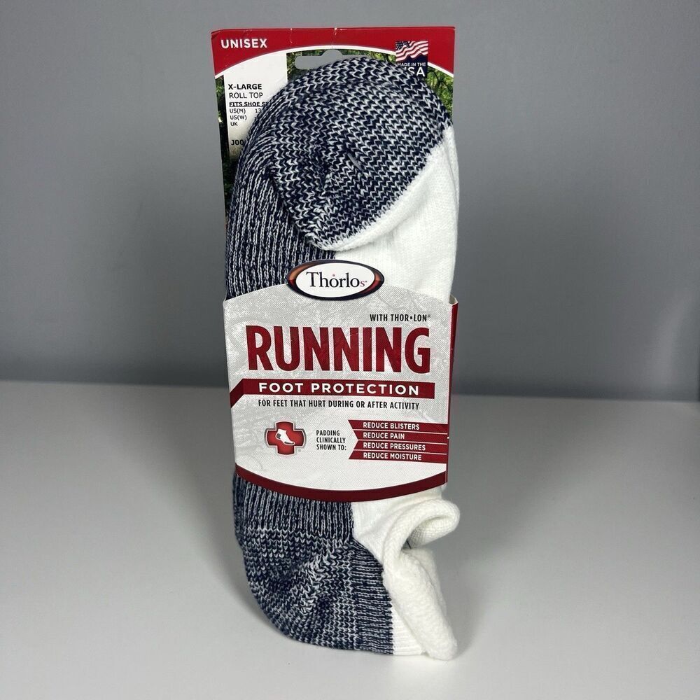 Mens Thorlos Cushion Rolltop Running Socks, White/Navy, X-Large US